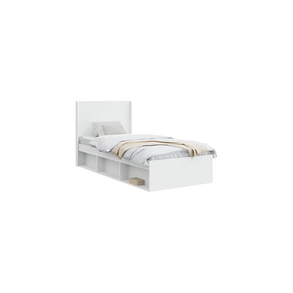 Cadre de lit blanc en bois 90 x 200 cm avec espace de rangement et tête de lit