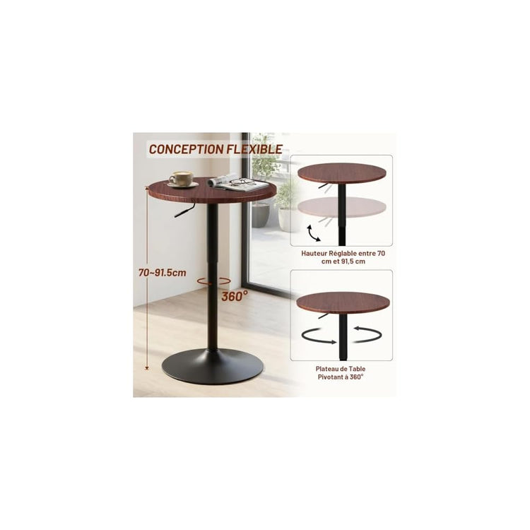 Lot de 2 Table de Bar Ronde, Table de Bistrot, Cuisine Mange-Debout avec Plateau Pivotante à 360°et Hauteur Réglable, Table de Petit-Déjeuner pour Bistro Salon Salle à Manger Terrasse, Brun