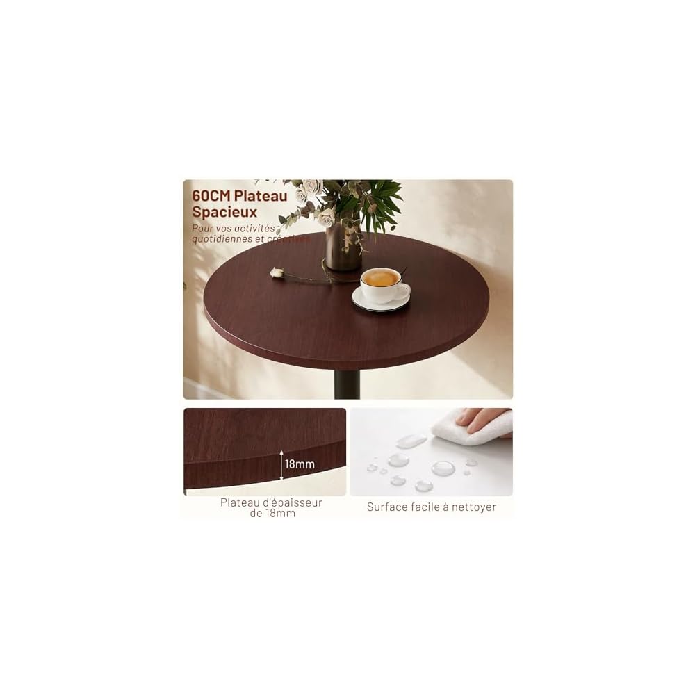 Lot de 2 Table de Bar Ronde, Table de Bistrot, Cuisine Mange-Debout avec Plateau Pivotante à 360°et Hauteur Réglable, Table de Petit-Déjeuner pour Bistro Salon Salle à Manger Terrasse, Brun