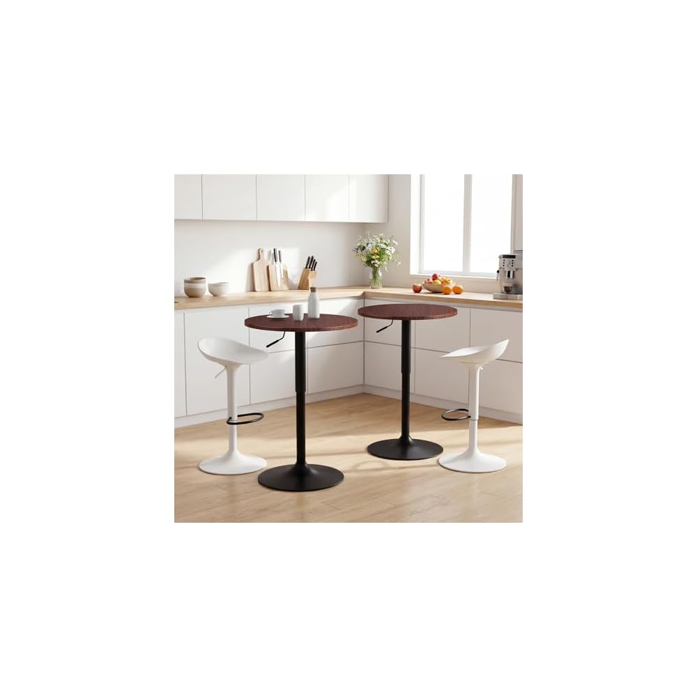 Lot de 2 Table de Bar Ronde, Table de Bistrot, Cuisine Mange-Debout avec Plateau Pivotante à 360°et Hauteur Réglable, Table de Petit-Déjeuner pour Bistro Salon Salle à Manger Terrasse, Brun