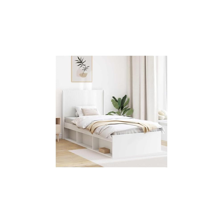 Cadre de lit blanc en bois 90 x 200 cm avec espace de rangement et tête de lit