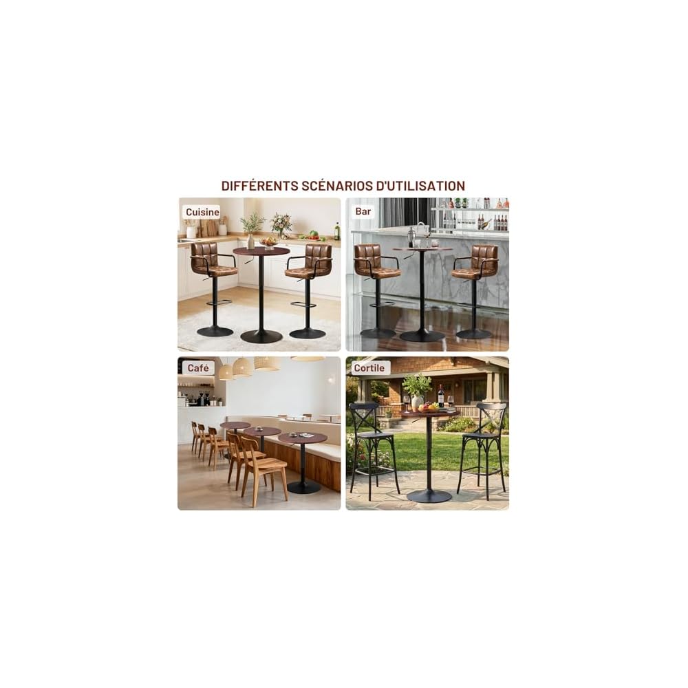 Lot de 2 Table de Bar Ronde, Table de Bistrot, Cuisine Mange-Debout avec Plateau Pivotante à 360°et Hauteur Réglable, Table de Petit-Déjeuner pour Bistro Salon Salle à Manger Terrasse, Brun