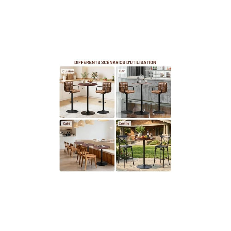 Lot de 2 Table de Bar Ronde, Table de Bistrot, Cuisine Mange-Debout avec Plateau Pivotante à 360°et Hauteur Réglable, Table de Petit-Déjeuner pour Bistro Salon Salle à Manger Terrasse, Brun