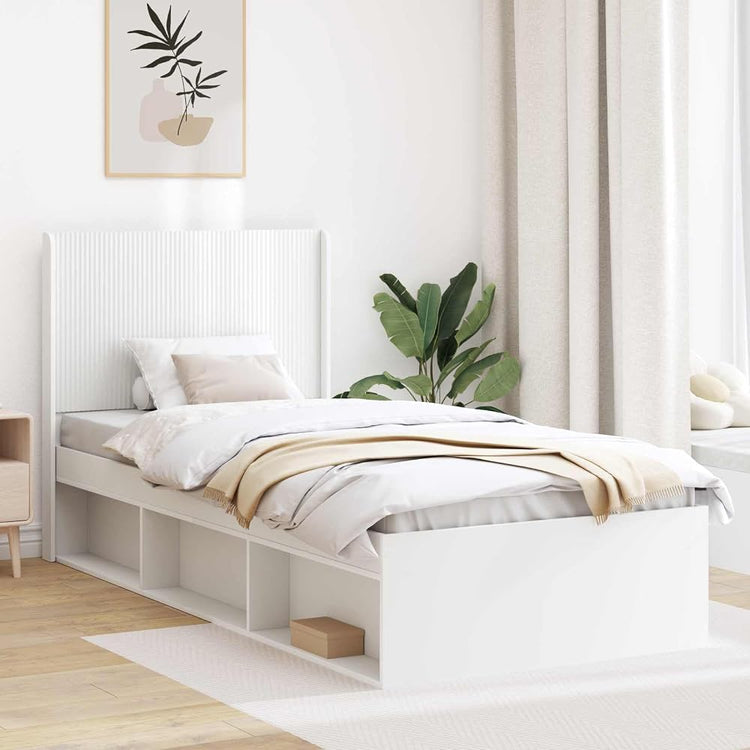 Cadre de lit blanc en bois 90 x 200 cm avec espace de rangement et tête de lit